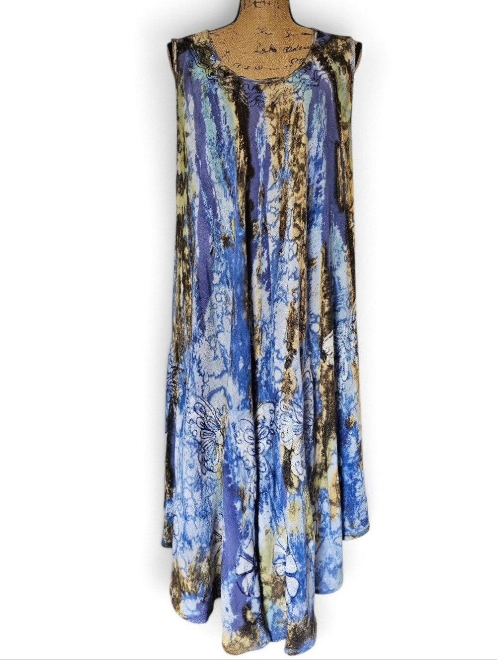 India Boutique Fairy Hippie Blue Tie Dye Blue Embroidered Y2K Boho Dress, XL
